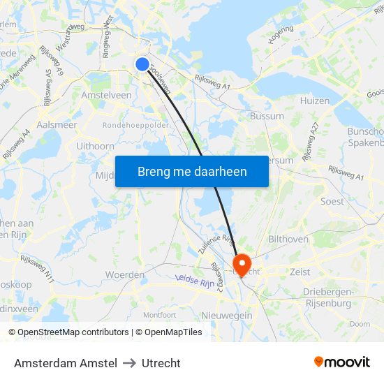 Amsterdam Amstel to Utrecht map