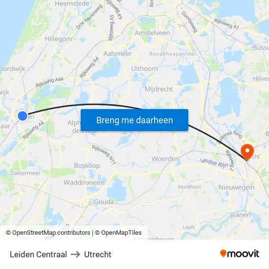 Leiden Centraal to Utrecht map