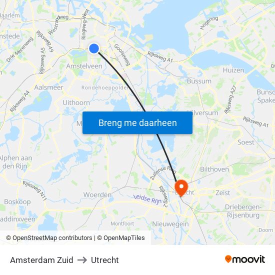 Amsterdam Zuid to Utrecht map