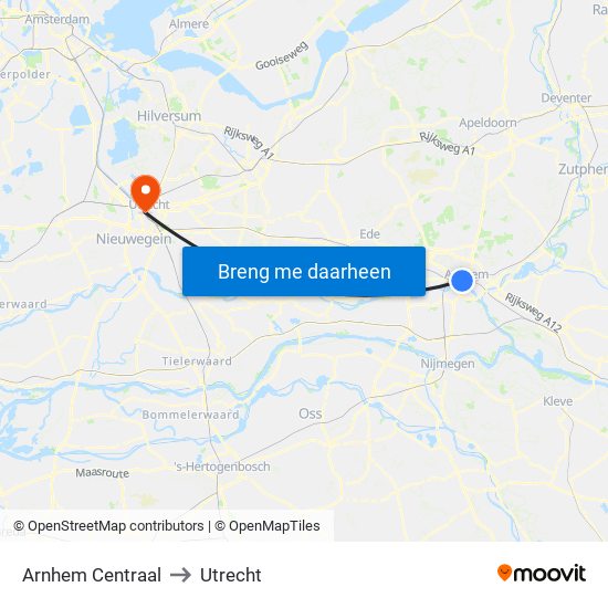 Arnhem Centraal to Utrecht map