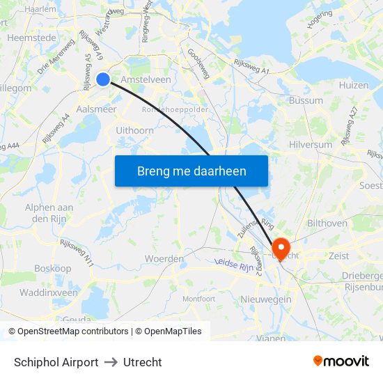 Schiphol Airport to Utrecht map