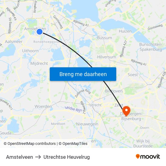 Amstelveen to Utrechtse Heuvelrug map