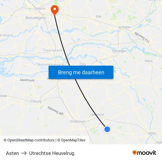 Asten to Utrechtse Heuvelrug map