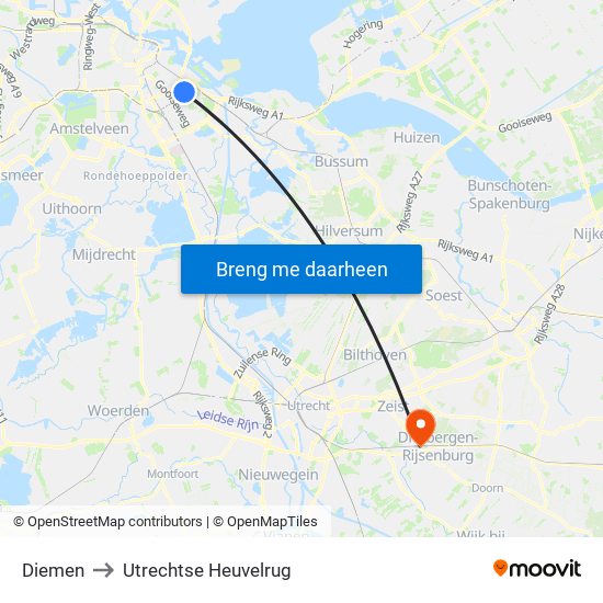 Diemen to Utrechtse Heuvelrug map