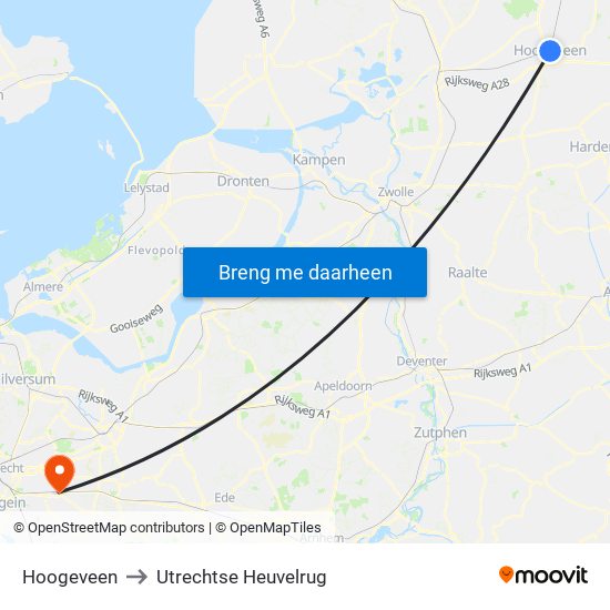Hoogeveen to Utrechtse Heuvelrug map