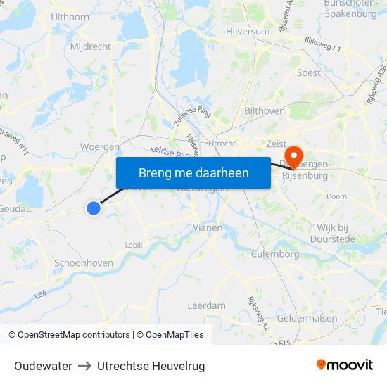 Oudewater to Utrechtse Heuvelrug map