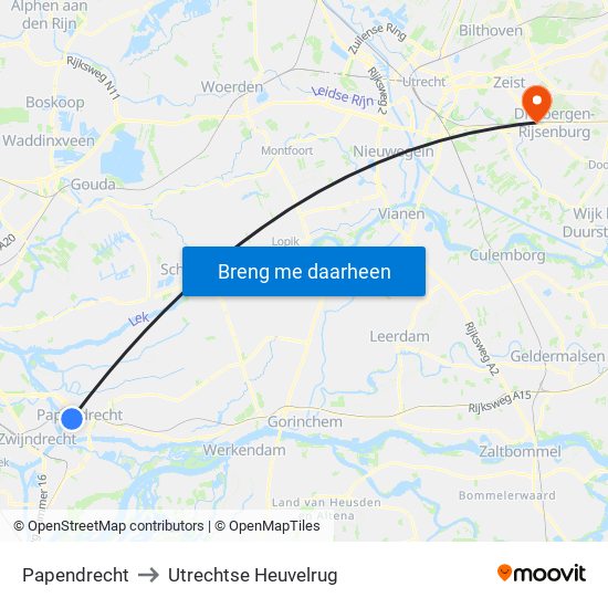 Papendrecht to Utrechtse Heuvelrug map
