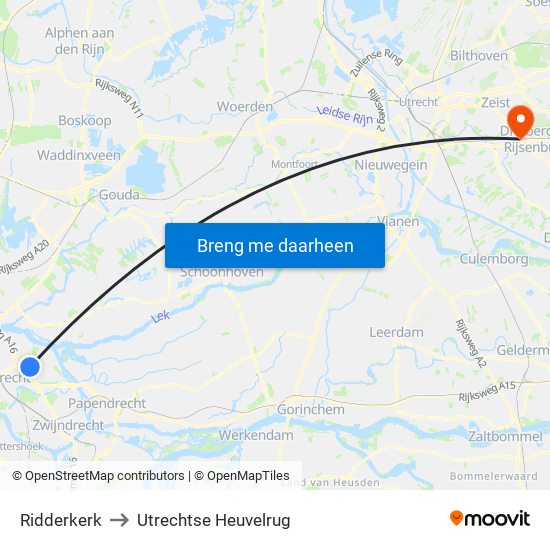Ridderkerk to Utrechtse Heuvelrug map