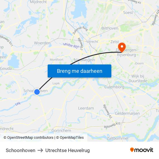 Schoonhoven to Utrechtse Heuvelrug map