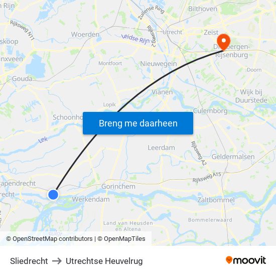 Sliedrecht to Utrechtse Heuvelrug map