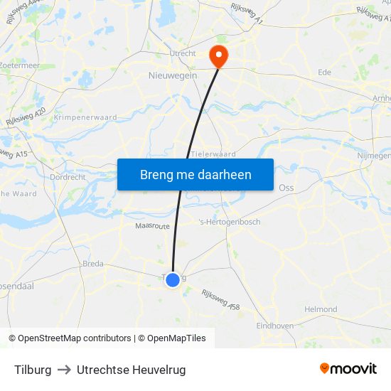 Tilburg to Utrechtse Heuvelrug map