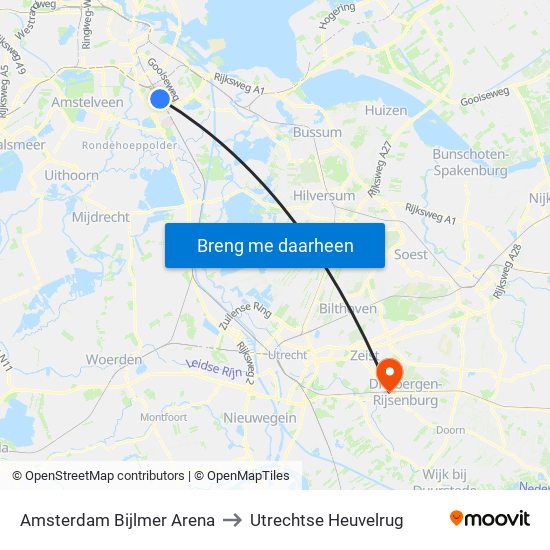 Amsterdam Bijlmer Arena to Utrechtse Heuvelrug map