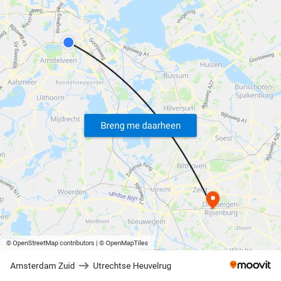 Amsterdam Zuid to Utrechtse Heuvelrug map