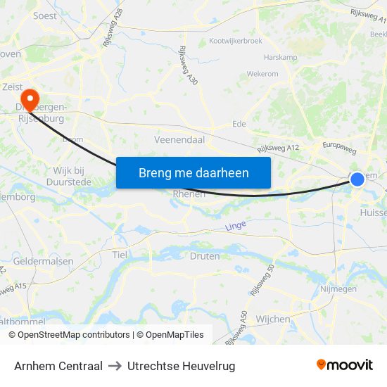 Arnhem Centraal to Utrechtse Heuvelrug map