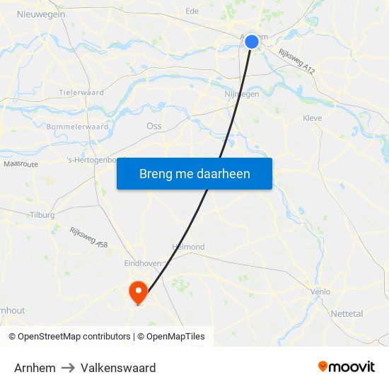 Arnhem to Valkenswaard map
