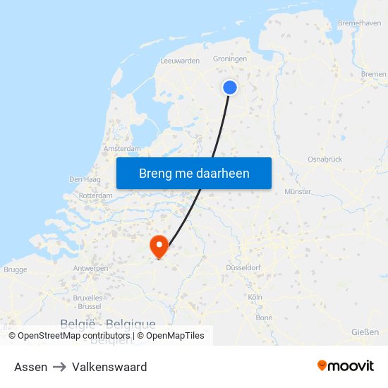 Assen to Valkenswaard map