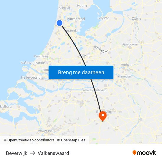 Beverwijk to Valkenswaard map