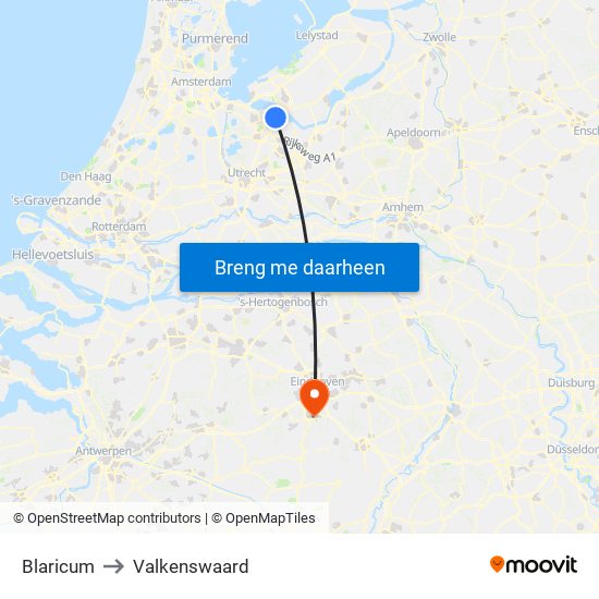 Blaricum to Valkenswaard map