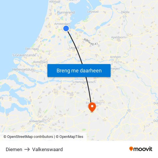 Diemen to Valkenswaard map