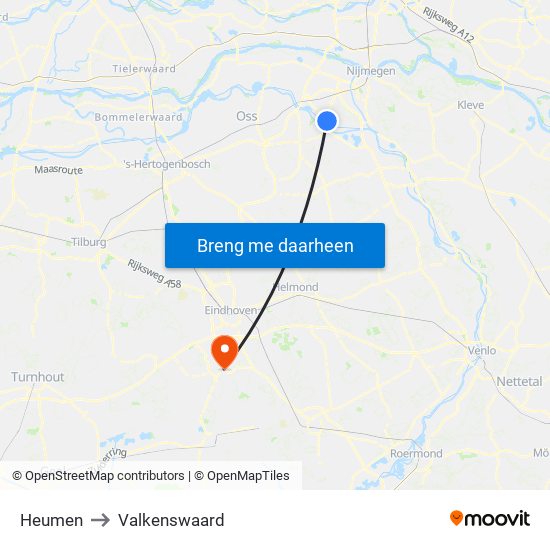 Heumen to Valkenswaard map