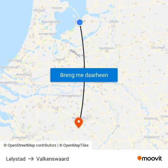 Lelystad to Valkenswaard map