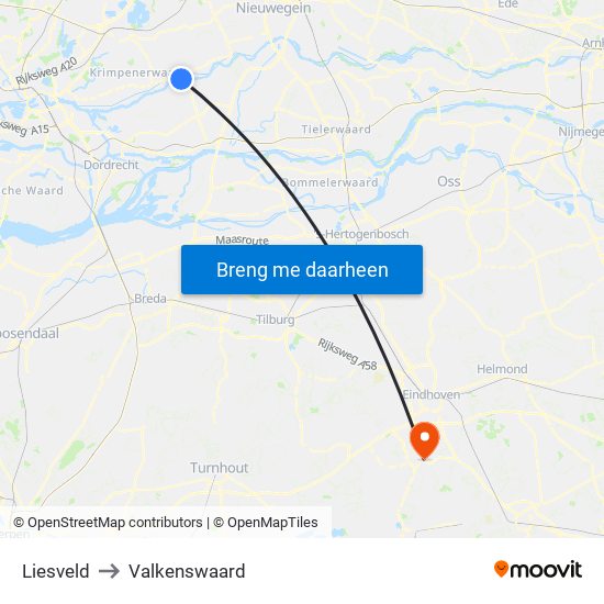 Liesveld to Valkenswaard map