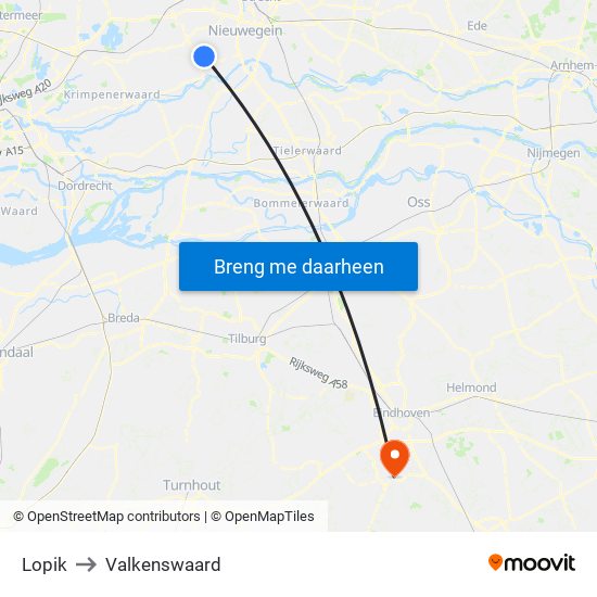 Lopik to Valkenswaard map