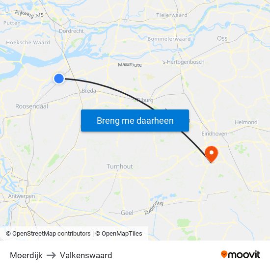 Moerdijk to Valkenswaard map