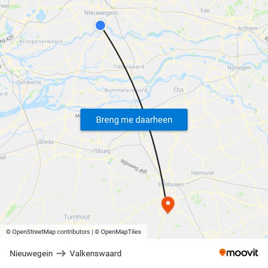 Nieuwegein to Valkenswaard map