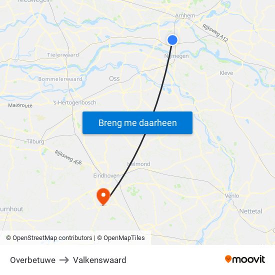 Overbetuwe to Valkenswaard map