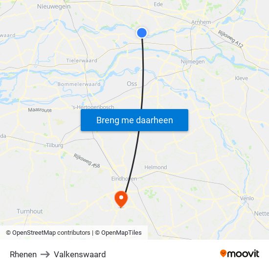 Rhenen to Valkenswaard map