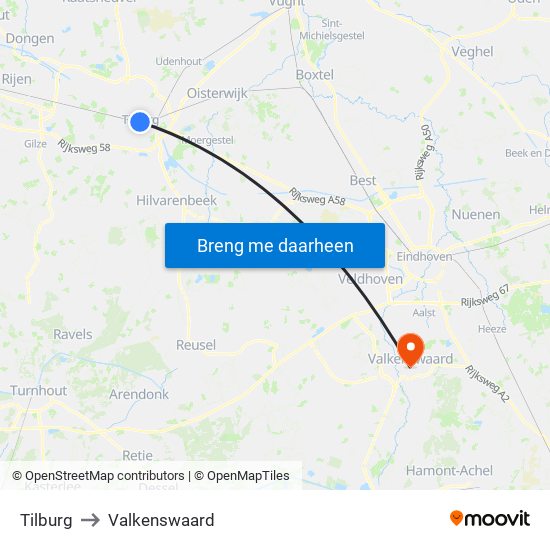 Tilburg to Valkenswaard map