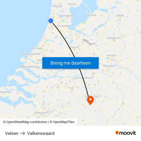 Velsen to Valkenswaard map