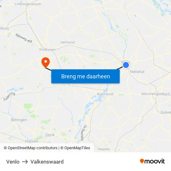 Venlo to Valkenswaard map