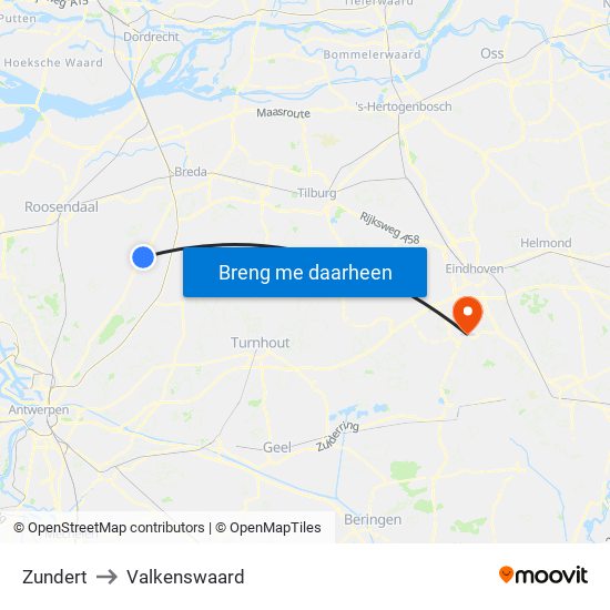 Zundert to Valkenswaard map