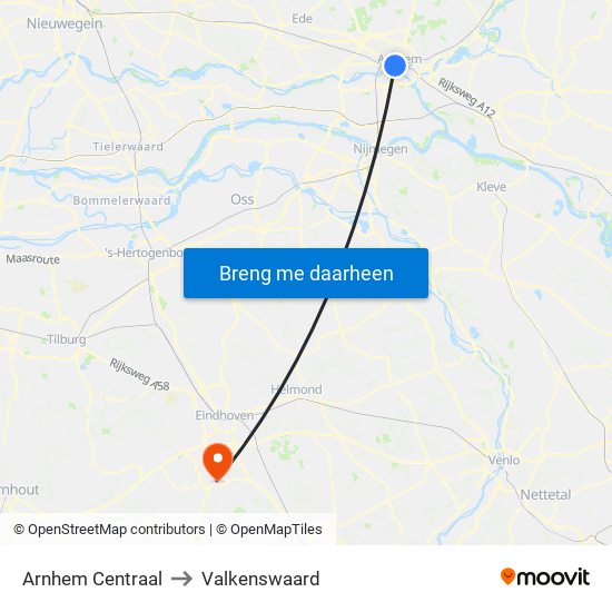 Arnhem Centraal to Valkenswaard map