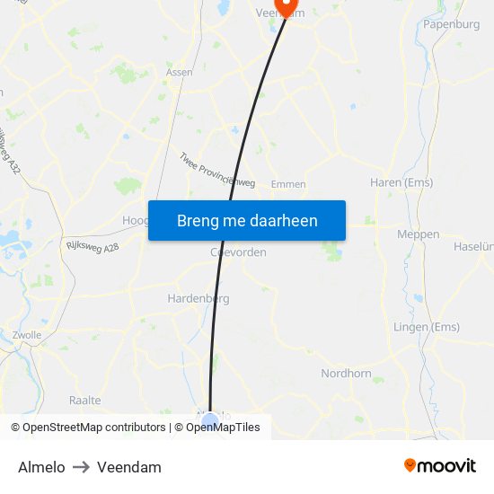 Almelo to Veendam map