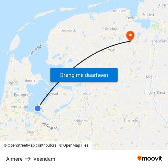 Almere to Veendam map