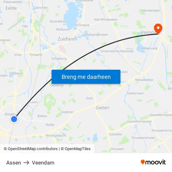 Assen to Veendam map