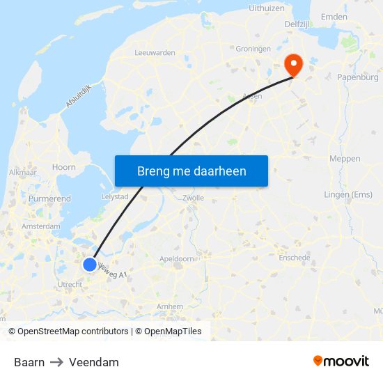 Baarn to Veendam map