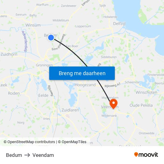 Bedum to Veendam map