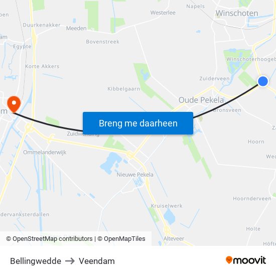 Bellingwedde to Veendam map