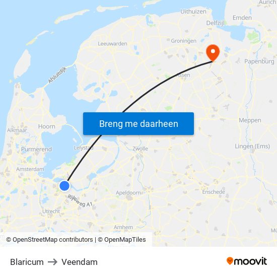 Blaricum to Veendam map