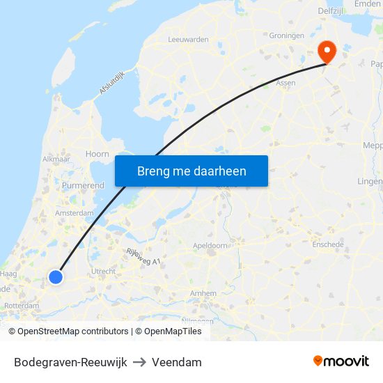 Bodegraven-Reeuwijk to Veendam map
