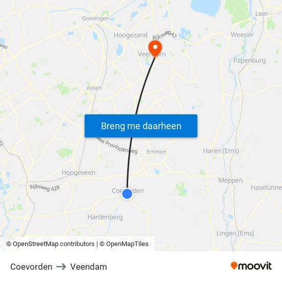Coevorden to Veendam map
