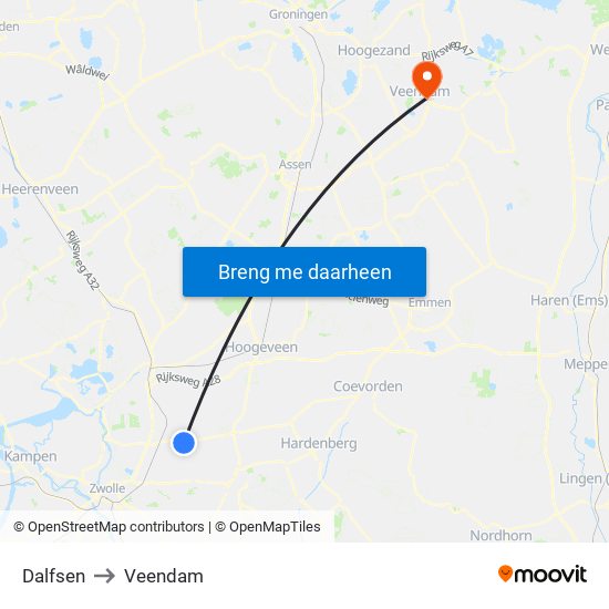 Dalfsen to Veendam map