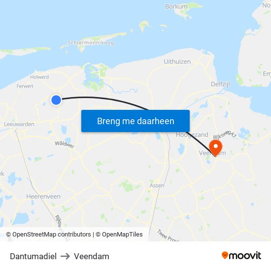 Dantumadiel to Veendam map