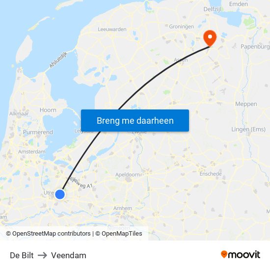 De Bilt to Veendam map