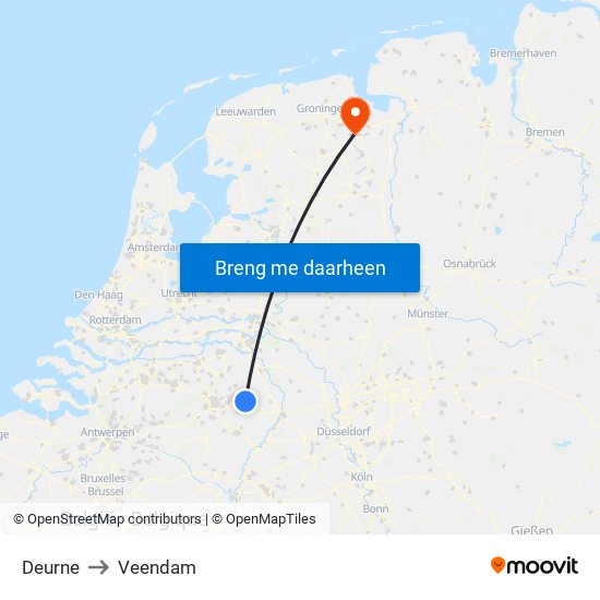 Deurne to Veendam map