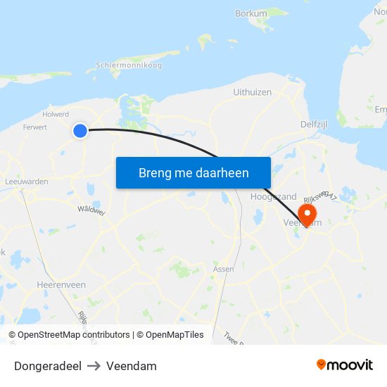 Dongeradeel to Veendam map